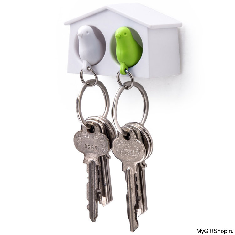 Держатель + брелок для ключей двойной Mini Sparrow, белый/зеленый